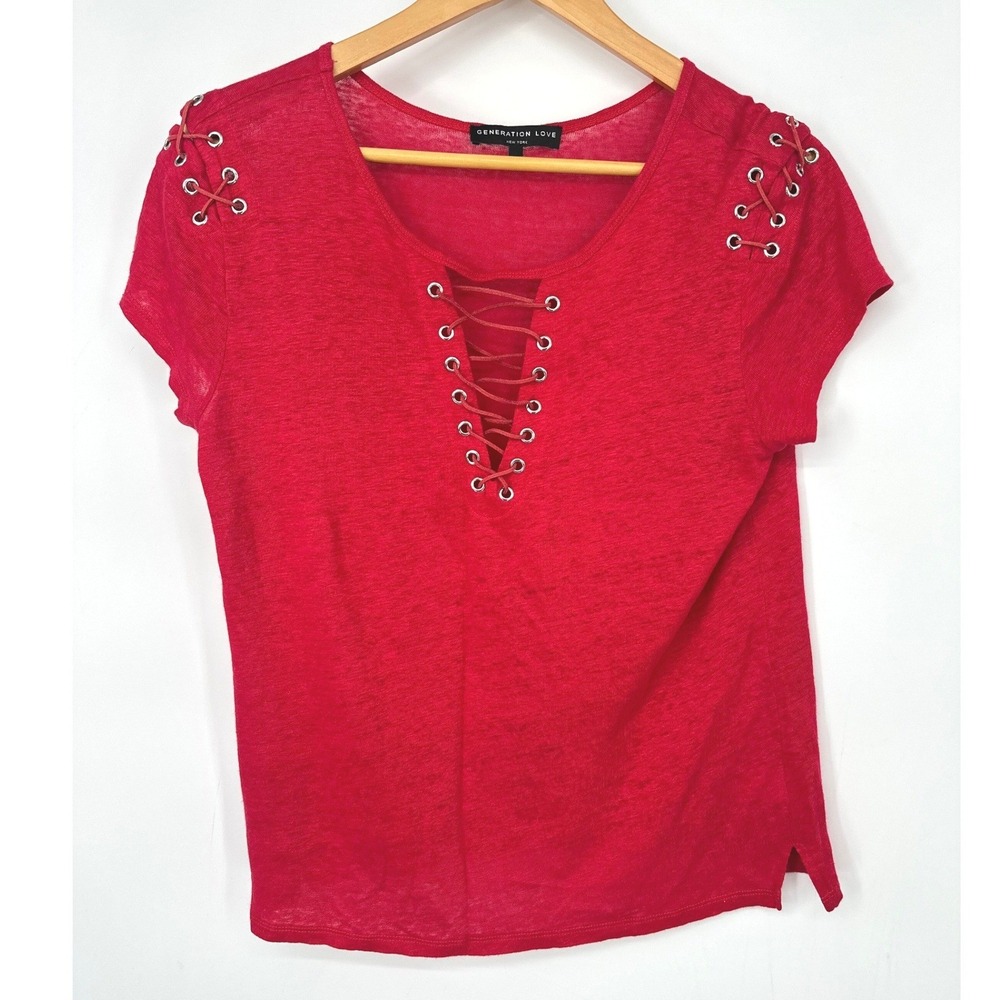 Generation Love Top Womens Small Red Linen Lace Up Grommet Shoulder Coastal Chic